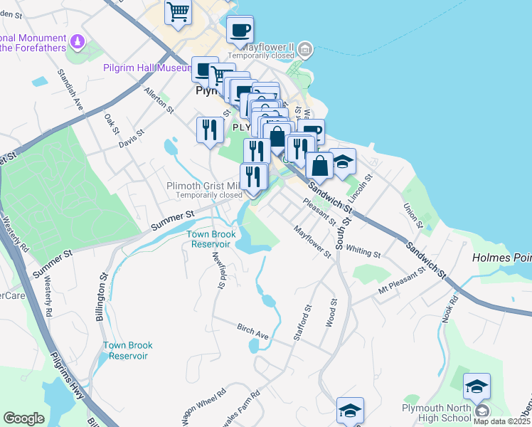 map of restaurants, bars, coffee shops, grocery stores, and more near 6 Spring Lane in Plymouth