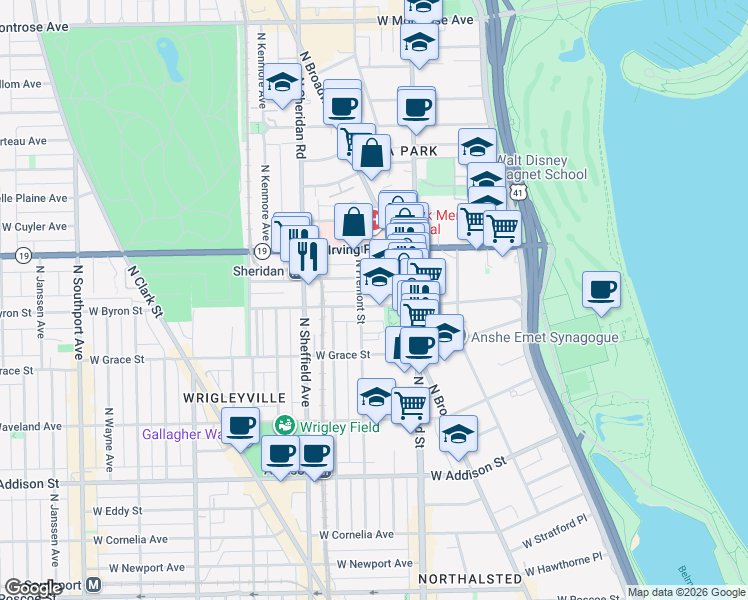 map of restaurants, bars, coffee shops, grocery stores, and more near 819 West Dakin Street in Chicago