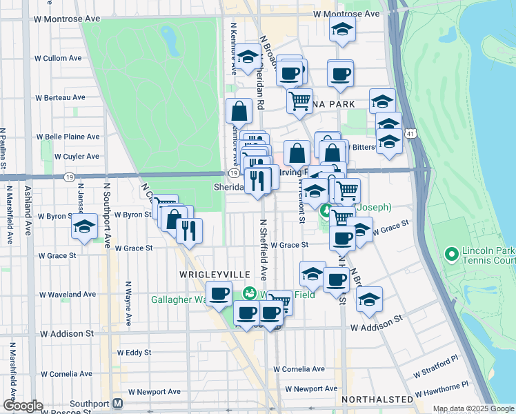 map of restaurants, bars, coffee shops, grocery stores, and more near 1022 West Dakin Street in Chicago