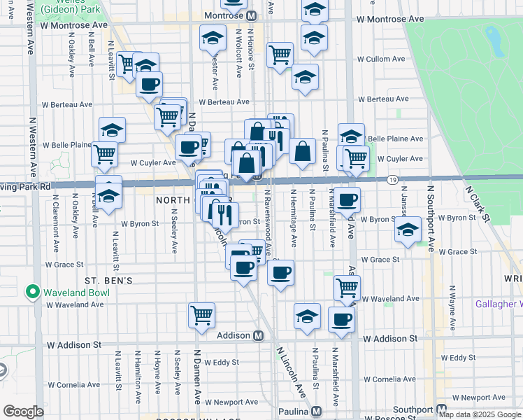 map of restaurants, bars, coffee shops, grocery stores, and more near 1822 West Larchmont Avenue in Chicago