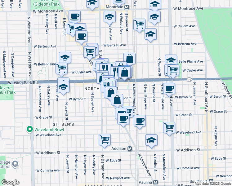 map of restaurants, bars, coffee shops, grocery stores, and more near 1900 West Larchmont Avenue in Chicago