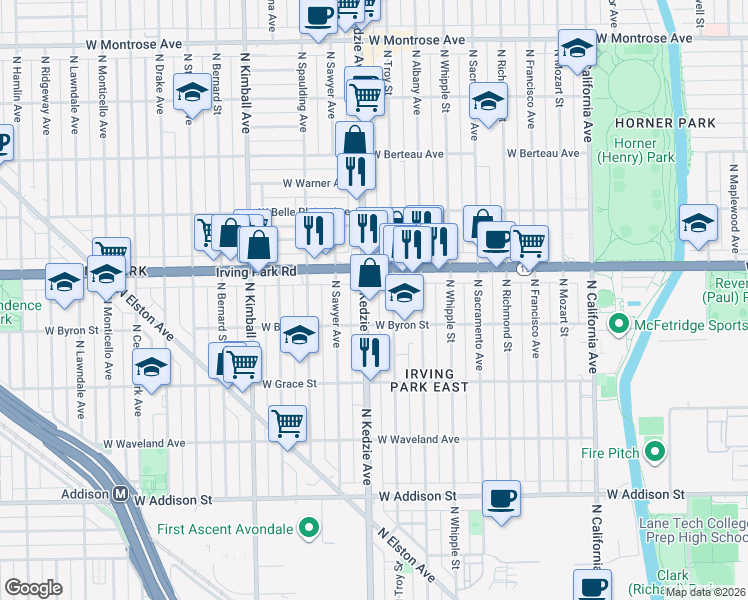 map of restaurants, bars, coffee shops, grocery stores, and more near 3159 Irving Park Road in Chicago
