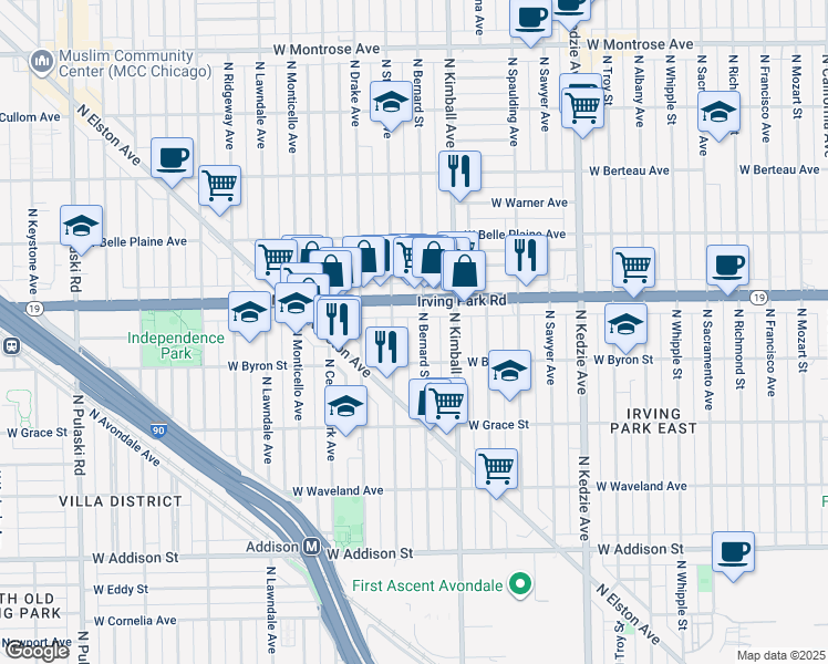 map of restaurants, bars, coffee shops, grocery stores, and more near 3423 Irving Park Road in Chicago