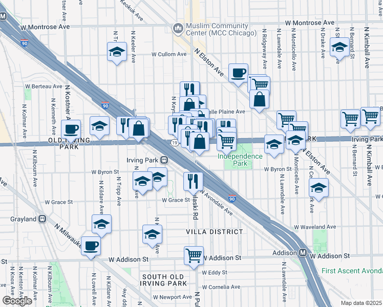 map of restaurants, bars, coffee shops, grocery stores, and more near 3965 Illinois 19 in Chicago