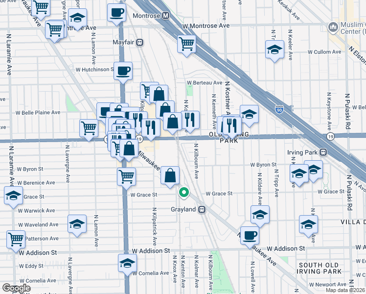 map of restaurants, bars, coffee shops, grocery stores, and more near 4543 Illinois 19 in Chicago