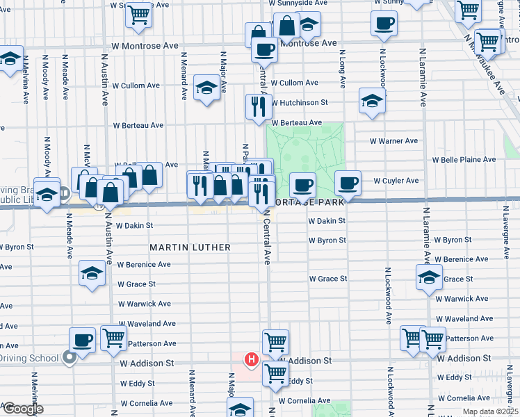 map of restaurants, bars, coffee shops, grocery stores, and more near 5620 Irving Park Road in Chicago