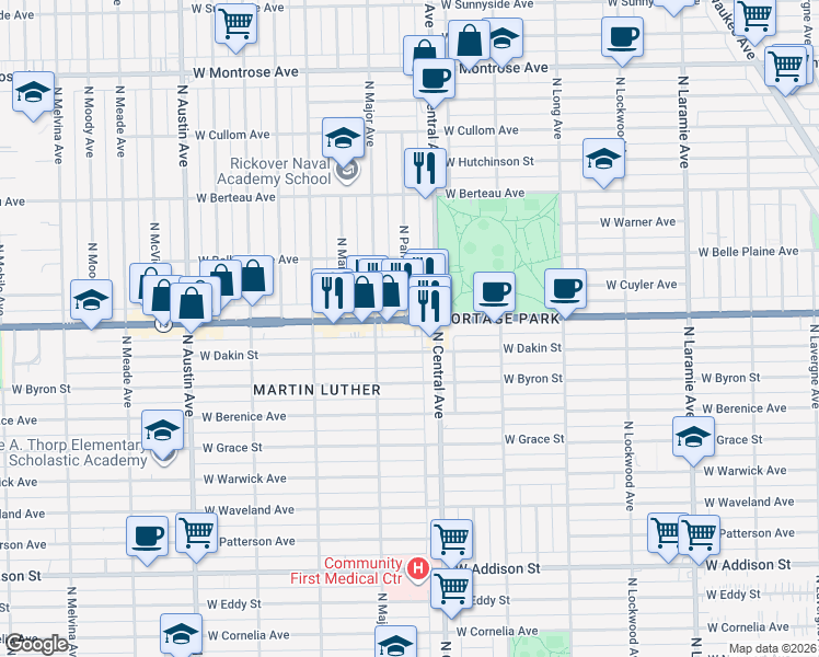 map of restaurants, bars, coffee shops, grocery stores, and more near 5620 Irving Park Road in Chicago