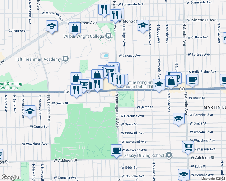 map of restaurants, bars, coffee shops, grocery stores, and more near 6456 W Irving Park Rd in Chicago