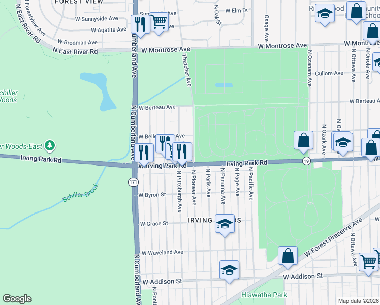 map of restaurants, bars, coffee shops, grocery stores, and more near 4045 North Pittsburgh Avenue in Chicago