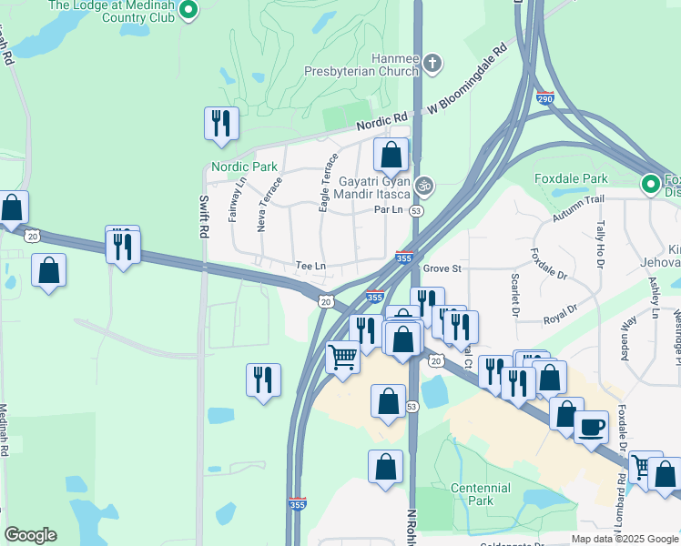 map of restaurants, bars, coffee shops, grocery stores, and more near 5N248 Andrene Lane in Itasca