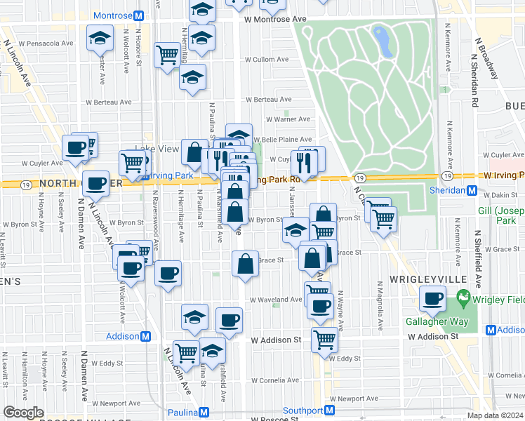 map of restaurants, bars, coffee shops, grocery stores, and more near 3914 North Greenview Avenue in Chicago