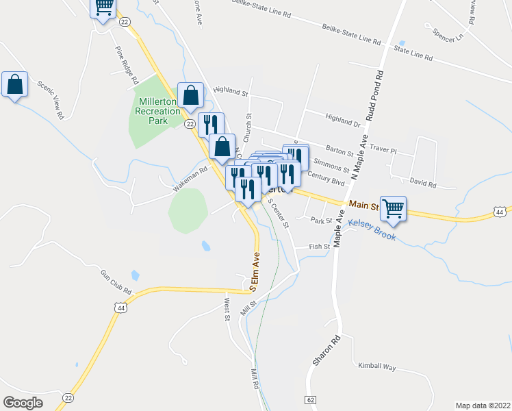 map of restaurants, bars, coffee shops, grocery stores, and more near 12 Main Street in Millerton