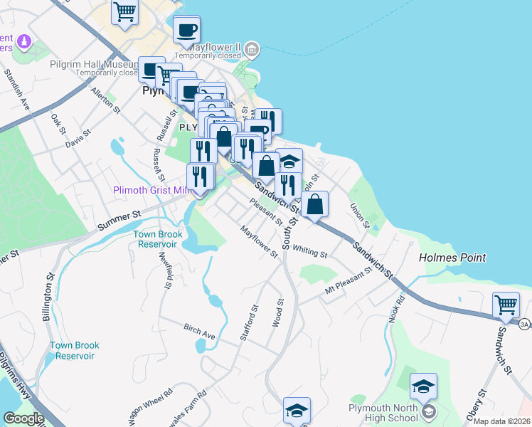 map of restaurants, bars, coffee shops, grocery stores, and more near 17 Washington Street in Plymouth