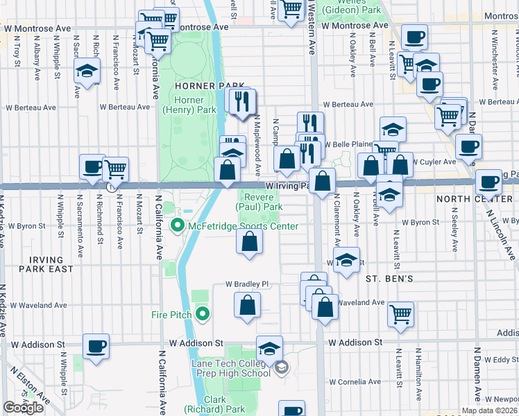 map of restaurants, bars, coffee shops, grocery stores, and more near 2509 West Irving Park Road in Chicago
