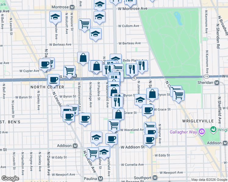 map of restaurants, bars, coffee shops, grocery stores, and more near 1515 West Irving Park Road in Chicago