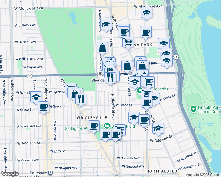 map of restaurants, bars, coffee shops, grocery stores, and more near 1022 West Dakin Street in Chicago