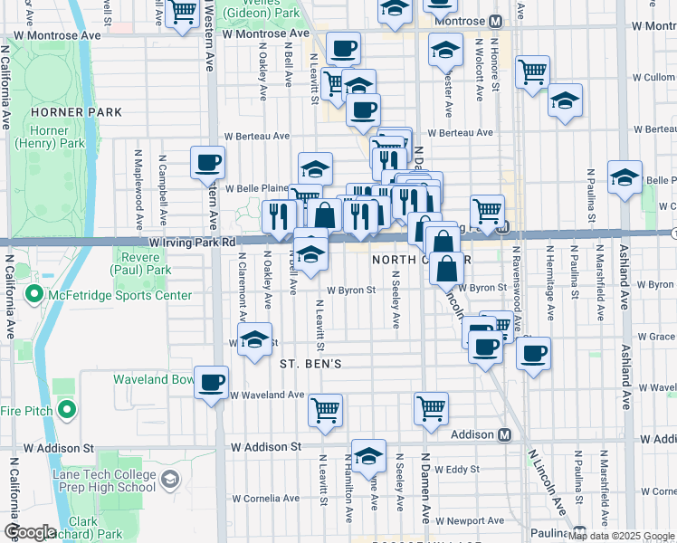 map of restaurants, bars, coffee shops, grocery stores, and more near 3920 North Hamilton Avenue in Chicago