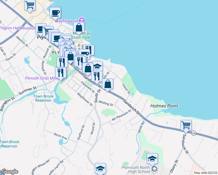 map of restaurants, bars, coffee shops, grocery stores, and more near 7 Fremont Street in Plymouth