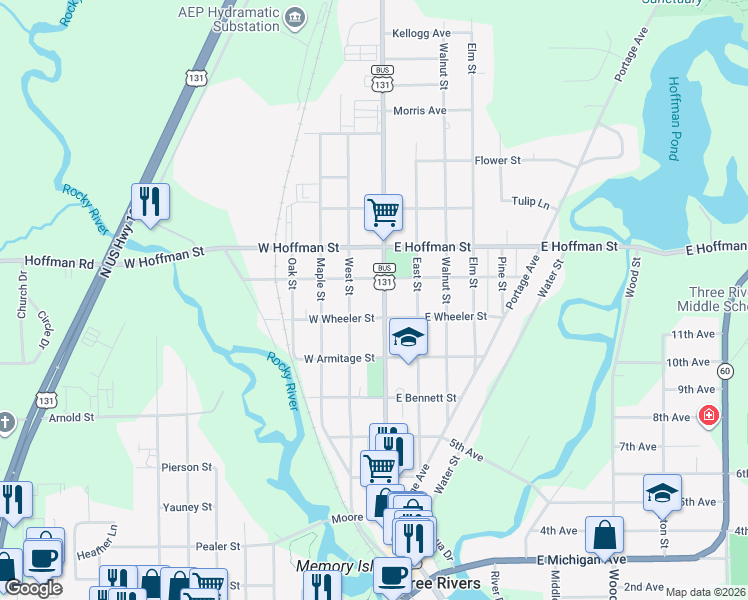 map of restaurants, bars, coffee shops, grocery stores, and more near 626 North Main Street in Three Rivers