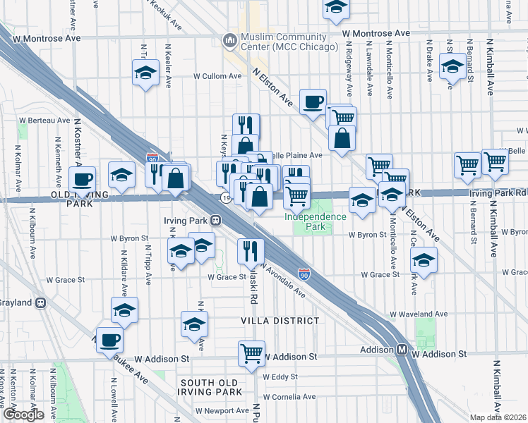 map of restaurants, bars, coffee shops, grocery stores, and more near 3965 Illinois 19 in Chicago