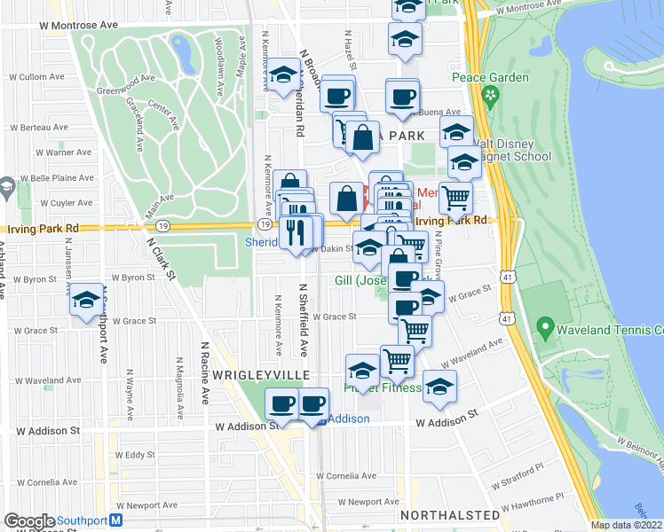 map of restaurants, bars, coffee shops, grocery stores, and more near 903 West Dakin Street in Chicago