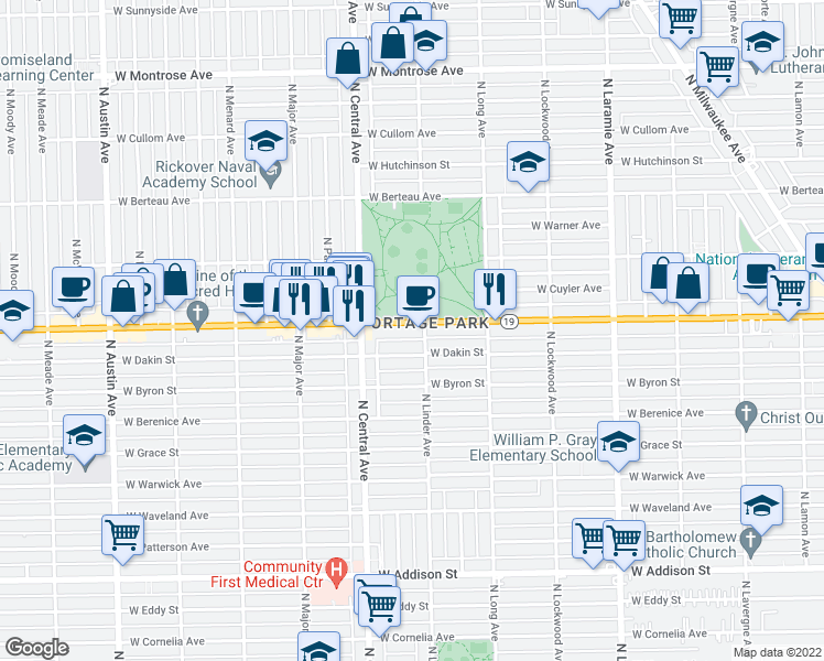 map of restaurants, bars, coffee shops, grocery stores, and more near 5513 Illinois 19 in Chicago