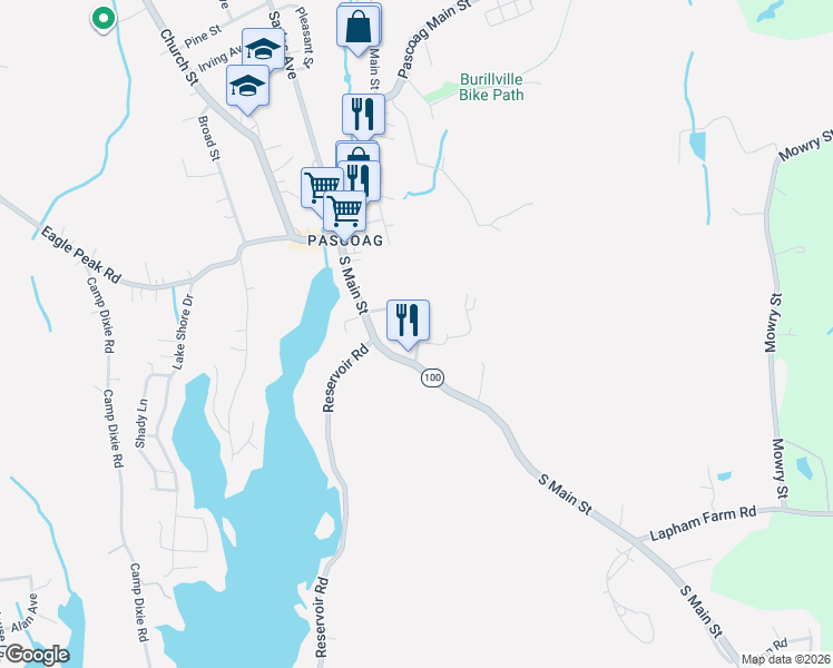 map of restaurants, bars, coffee shops, grocery stores, and more near 53 Griffin Street in Burrillville