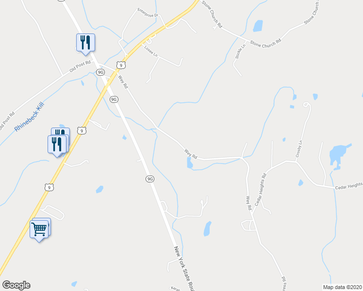 map of restaurants, bars, coffee shops, grocery stores, and more near Wey Road in Rhinebeck