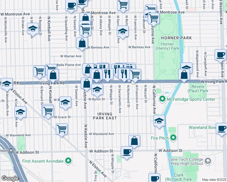 map of restaurants, bars, coffee shops, grocery stores, and more near 3942 North Sacramento Avenue in Chicago