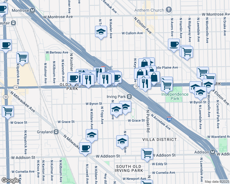 map of restaurants, bars, coffee shops, grocery stores, and more near 3941 North Keeler Avenue in Chicago