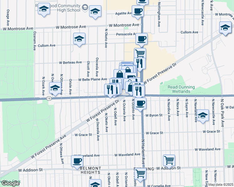 map of restaurants, bars, coffee shops, grocery stores, and more near 4014 North Octavia Avenue in Norridge
