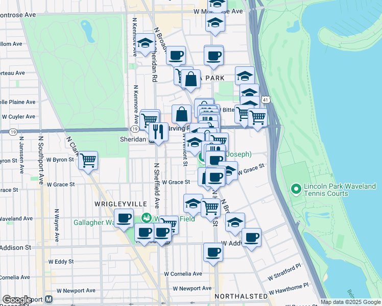 map of restaurants, bars, coffee shops, grocery stores, and more near 819 West Dakin Street in Chicago