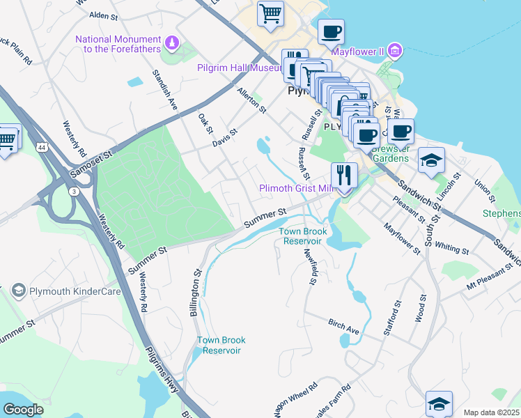 map of restaurants, bars, coffee shops, grocery stores, and more near 13 Oak Street in Plymouth