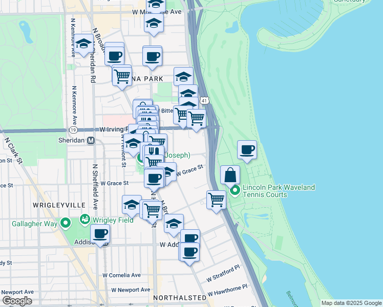 map of restaurants, bars, coffee shops, grocery stores, and more near 638 West Sheridan Road in Chicago