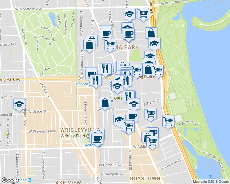 map of restaurants, bars, coffee shops, grocery stores, and more near 819 West Dakin Street in Chicago