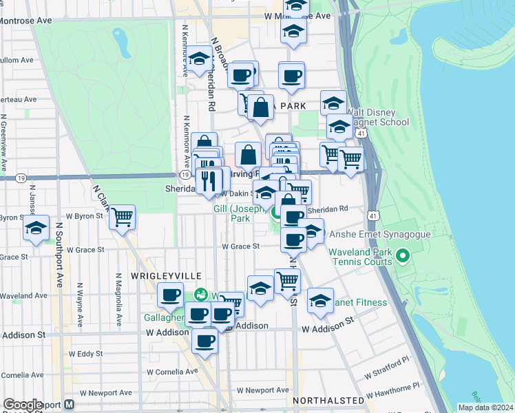 map of restaurants, bars, coffee shops, grocery stores, and more near 903 West Dakin Street in Chicago
