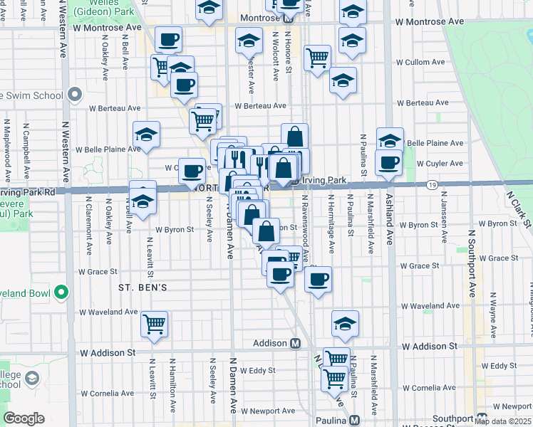 map of restaurants, bars, coffee shops, grocery stores, and more near 1900 West Larchmont Avenue in Chicago