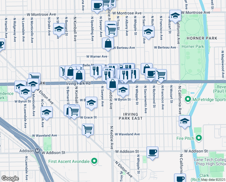 map of restaurants, bars, coffee shops, grocery stores, and more near 3159 Irving Park Road in Chicago