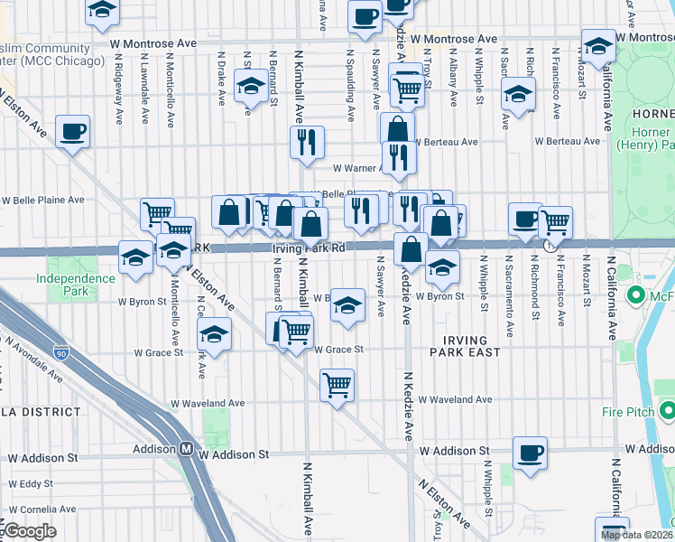 map of restaurants, bars, coffee shops, grocery stores, and more near 3309 Irving Park Road in Chicago