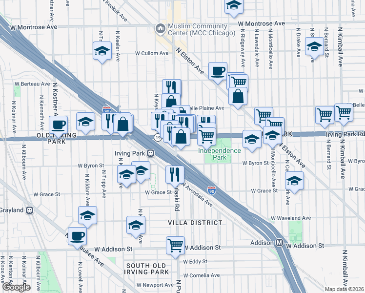 map of restaurants, bars, coffee shops, grocery stores, and more near 3965 Illinois 19 in Chicago