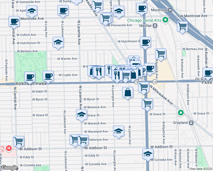 map of restaurants, bars, coffee shops, grocery stores, and more near 5018 Irving Park Road in Chicago