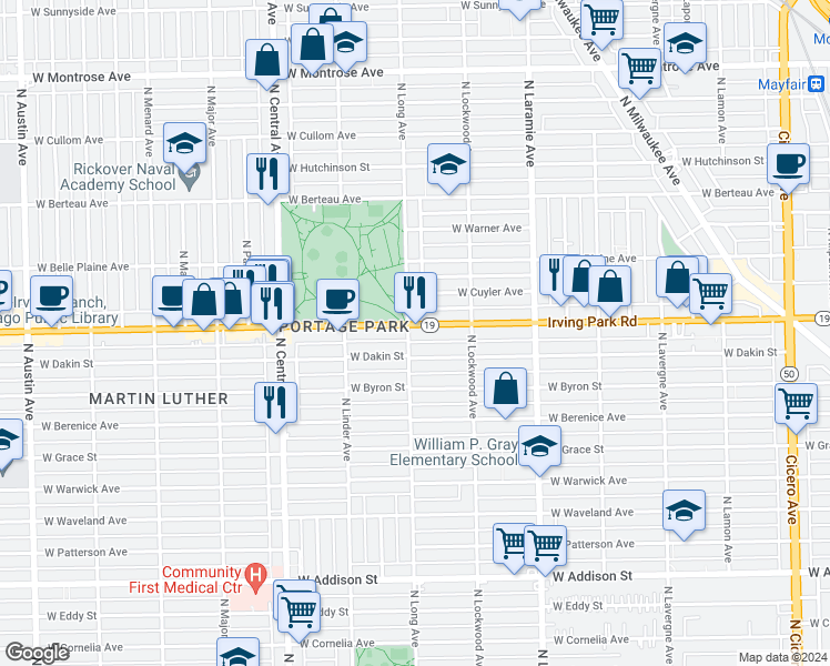 map of restaurants, bars, coffee shops, grocery stores, and more near 5358 Irving Park Road in Chicago