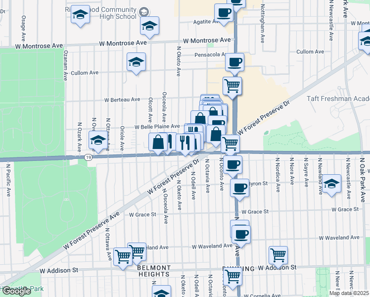 map of restaurants, bars, coffee shops, grocery stores, and more near 4014 North Odell Avenue in Norridge