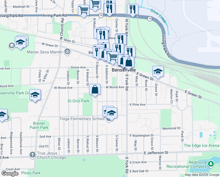 map of restaurants, bars, coffee shops, grocery stores, and more near 193 South Addison Street in Bensenville