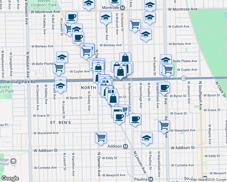 map of restaurants, bars, coffee shops, grocery stores, and more near 1900 West Larchmont Avenue in Chicago