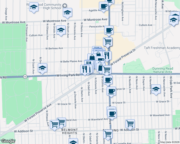 map of restaurants, bars, coffee shops, grocery stores, and more near 4014 North Octavia Avenue in Norridge