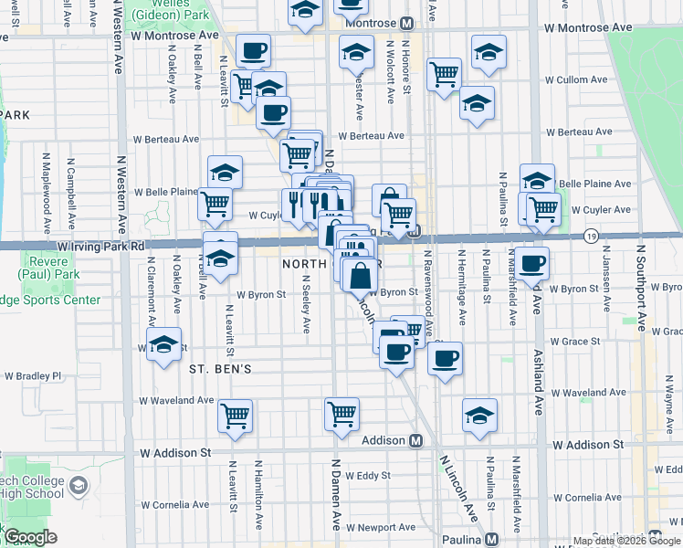 map of restaurants, bars, coffee shops, grocery stores, and more near 3924 North Lincoln Avenue in Chicago