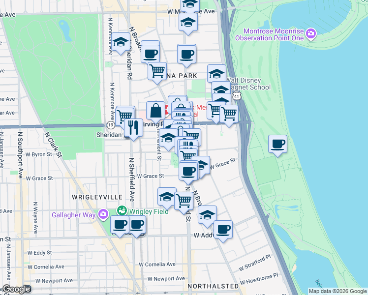 map of restaurants, bars, coffee shops, grocery stores, and more near 3906 North Broadway in Chicago