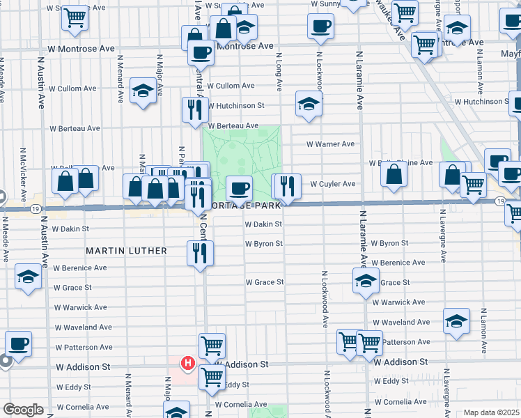 map of restaurants, bars, coffee shops, grocery stores, and more near 5455 Irving Park Road in Chicago