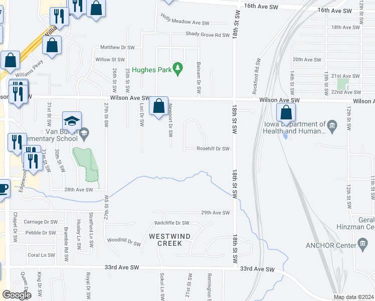 map of restaurants, bars, coffee shops, grocery stores, and more near 1923 Rosehill Drive Southwest in Cedar Rapids